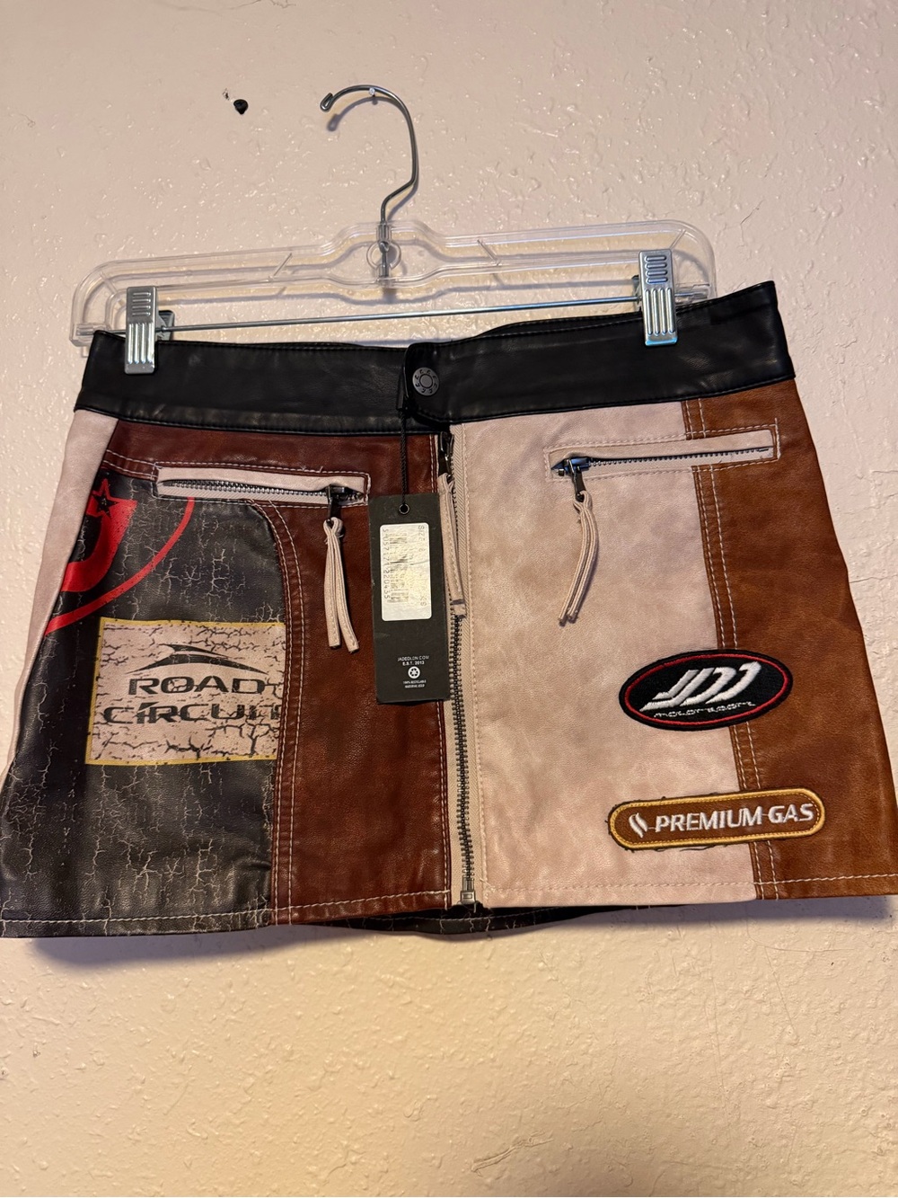 Patchwork Faux-Leather Mini Skirt in Brown and Black